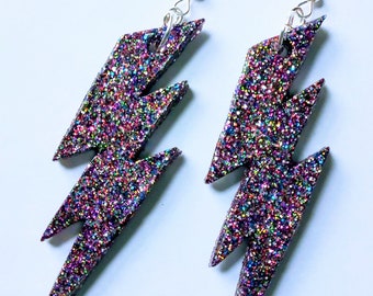 Multi coloured glitter lightning flash earrings