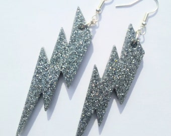Silver glitter lightning flash earrings