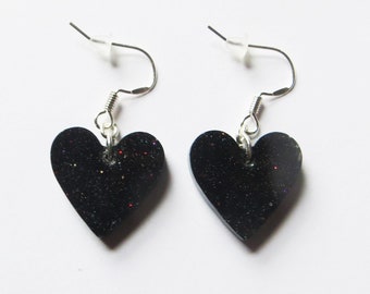 Glitter glossy black hearts earrings