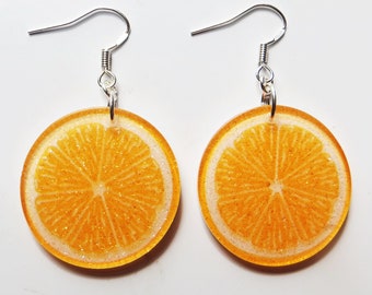 Glittery orange slices fruit earrings