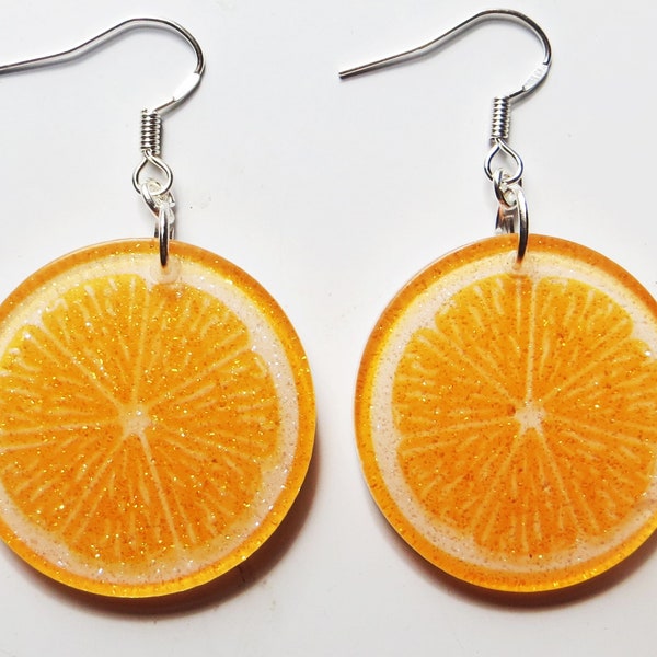 Glittery orange slices fruit earrings