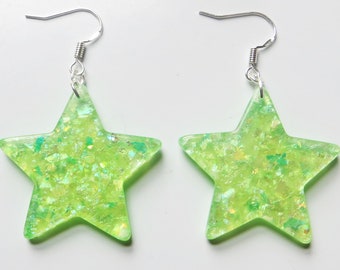 Light green reflecting glittery sparkle star earrings