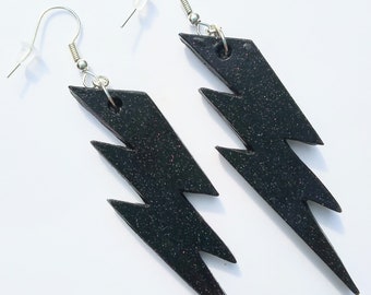 Black glitter lightning flash earrings