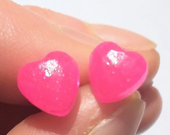 Pink glittery sparkle heart stud earrings