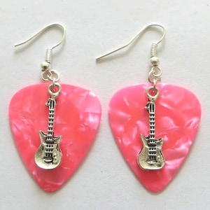 Hot pink pearl guitar picks earrings with guitar charms