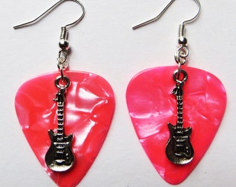 Hot pink pearl guitar picks earrings with guitar charms