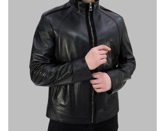Men’s Genuine Lambskin Leather Jacket – Suede Zipper Detail / Minimal Black Jacket for Spring and Fall