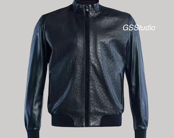 Men’s Luxury Bomber Jacket – Genuine Ostrich Leather Front & Lambskin Sleeves / Handmade Designer Outerwear / Premium Leather Jacket