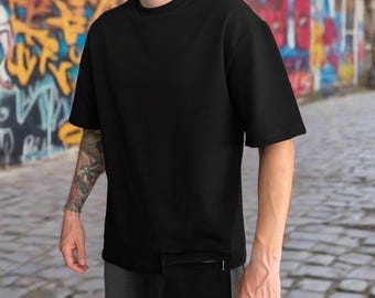 Camiseta asimétrica de algodón para hombre: camiseta urbana hecha a mano con bolsillo con cremallera