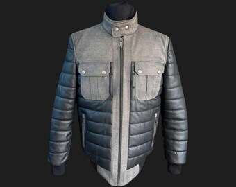 Men's Winter Bomber Jacket / Genuine Leather Two Tone Jacket / Warm Padded Streetwear Pocket Coat