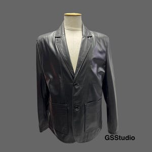 Men’s Lambskin Leather Blazer – Classic Black Jacket with Lapel and Front Pockets, S–3XL