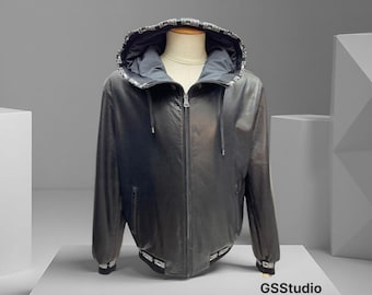 Men’s Black Lambskin Leather Hoodie Jacket – Genuine Leather Bomber , Urban Streetwear , Spring /Fall Coat
