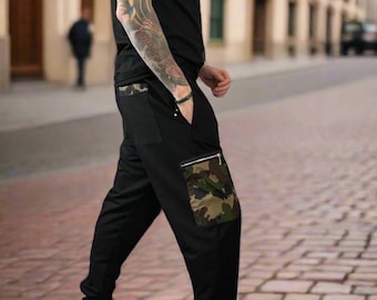 Men’s Black Cargo Joggers with Camouflage Pockets / Streetwear Cotton Elastane Pants with Zipper Detail