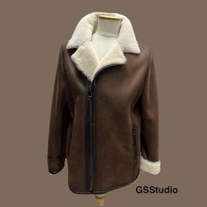 Men’s Shearling Sheepskin Winter Jacket – Brown Genuine Leather Coat with Zipper & Warm Collar / GSStudio