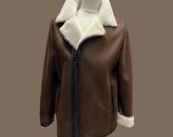 Men’s Shearling Sheepskin Winter Jacket – Brown Genuine Leather Coat with Zipper & Warm Collar / GSStudio