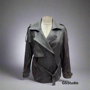 Women’s Genuine Lambskin Leather Jacket – Black Designer Trench Blazer with Belt & Epaulettes – Custom Handmade Spring/Fall Coat by GSStudio