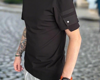 スリムフィット ブラック メンズ Tシャツ：アシンメトリースリーブ コットンブラウス