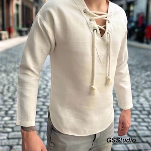White Linen Men’s Shirt – Long Sleeve, V-Neck with Rope Tie, Boho Minimalist Style