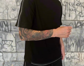 Men's Black T-Shirt with Zippers: Urban Streetwear Tee, GSStudio