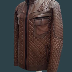 Blouson en cuir marron de créateur pour homme | Véritable cuir d'agneau | Fermeture éclair avec 6 poches | Col montant
