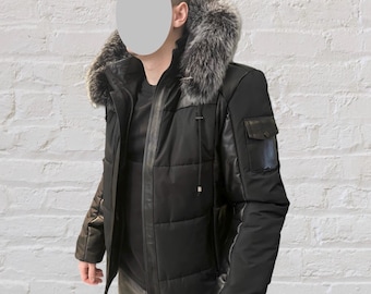 Men’s Lambskin Leather Puffer Jacket: Fox Fur Hood, Warm Winter Coat