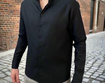 Classic Men’s Linen Shirt – Black, Long Sleeve, Button-Up, Minimalist Style