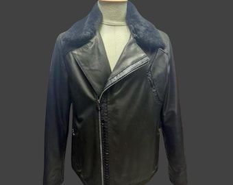 Men’s Winter Leather Jacket – Lambskin, Python Trim, Removable Fur Collar / Warm Padded Designer Coat