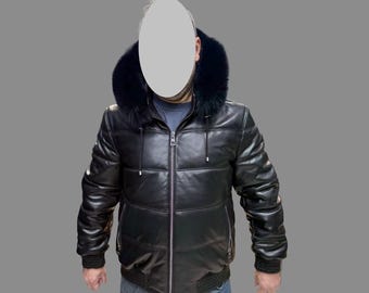 Men’s Winter Lambskin Jacket with Hood / Warm Padded Leather Bomber / Black Genuine Leather Coat with Fur / Handmade Men’s Jacket S–3XL