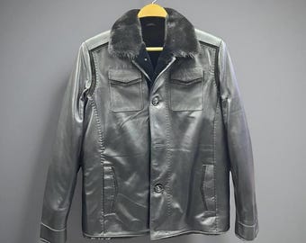Men’s Winter Leather Bomber Jacket / Genuine Lambskin Coat with Mink Fur Collar