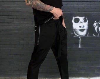 Men's Black Cropped Pants: Urban Streetwear Trousers with Zippers