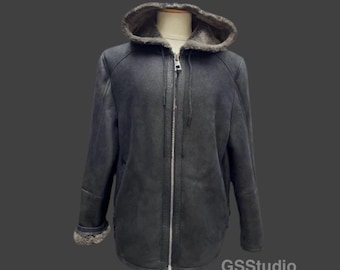 Handmade Shearling Hooded Lambskin Leather Jacket - Men's Winter Coat