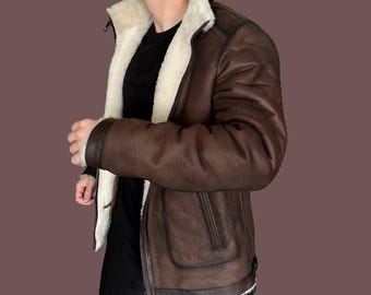 Men’s Shearling Leather Jacket – Genuine Lambskin Winter Coat with High Collar and Zipper / Warm Sheepskin Bomber