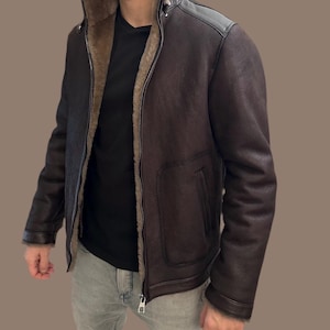 Veste en cuir d'agneau véritable homme / Décontracté Manteau d'hiver marron / Fourrure chaude épaissie tout unique pour hommes / Manteau chaud d'hiver pour hommes