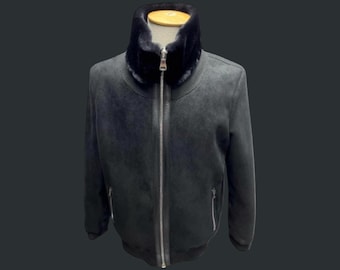 Men's Black Shearling Lambskin Leather Jacket - Winter Bomber Coat