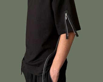 Men's Black Cotton T-Shirt: Asymmetrical Zip - Oversized Streetwear