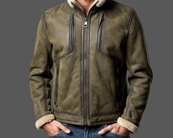 Men’s Handmade Lambskin Shearling Jacket: Green Brown Street Style