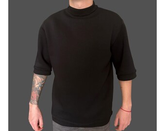 Men’s Black Winter Short Sleeve Sweatshirt – Thick Fleece Cotton Top with High Neck / Heavy Warm Streetwear