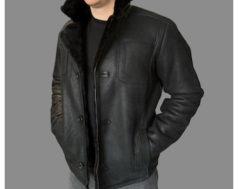 Men’s Sheepskin Coat – Genuine Lambskin Shearling Jacket / Winter Warm Black Coat / Handmade Men’s Shearling Outerwear