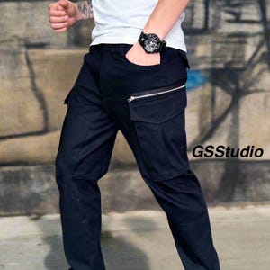 Men’s Black Cargo Pants with Zipper Pocket | Urban Streetwear Trousers | GSStudio