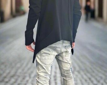 Men’s Asymmetric Cotton Jacket – High Collar, Zip-Up, Two-Tone Design, Long Sleeve