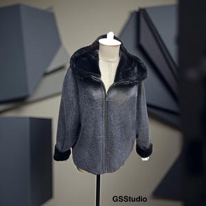 Luxury Reversible Sheepskin Women’s Winter Coat with Hood / Genuine Lambskin & Astrakhan Fur Jacket / Blue Black Warm Shearling