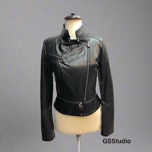 Convertible Black Leather Jacket for Women – Genuine Lambskin, Detachable Hem, Zippered Pockets – Custom Made XS-3XL by GSStudio
