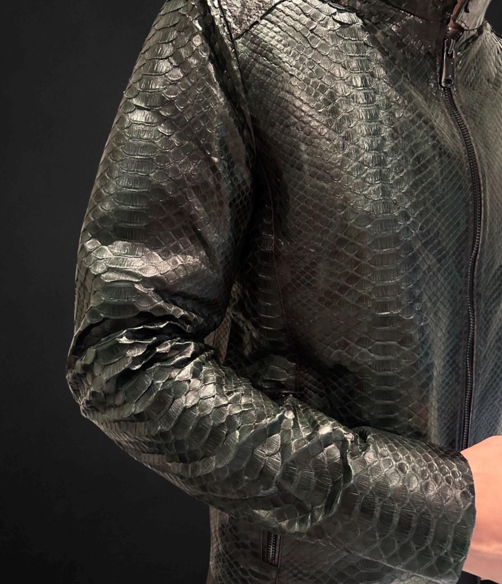 Men’s Genuine Python Leather Jacket – Dark Green Snakeskin Biker Coat ...