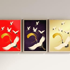 Cranes poster, Elegant Crane wall art, Crane Printable art, Japanese Print, Digital Download, Red-crowned Crane art, Birds Art