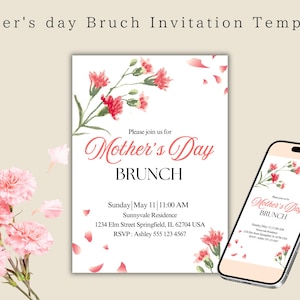 Invitation au brunch de la fête des mères modifiable, impression oeillet, modèle en téléchargement numérique, invitation florale rose pour la fête des mères, dimension 5 x 7