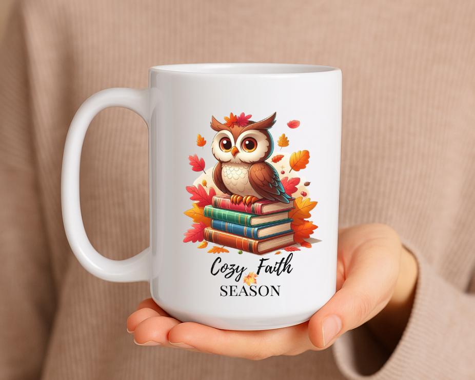 Autumn Owl Mug Cozy Faith Season Coffee Cup Fall Ceramic Mug for Book Lovers Pumpkin Spice Tea Cup H