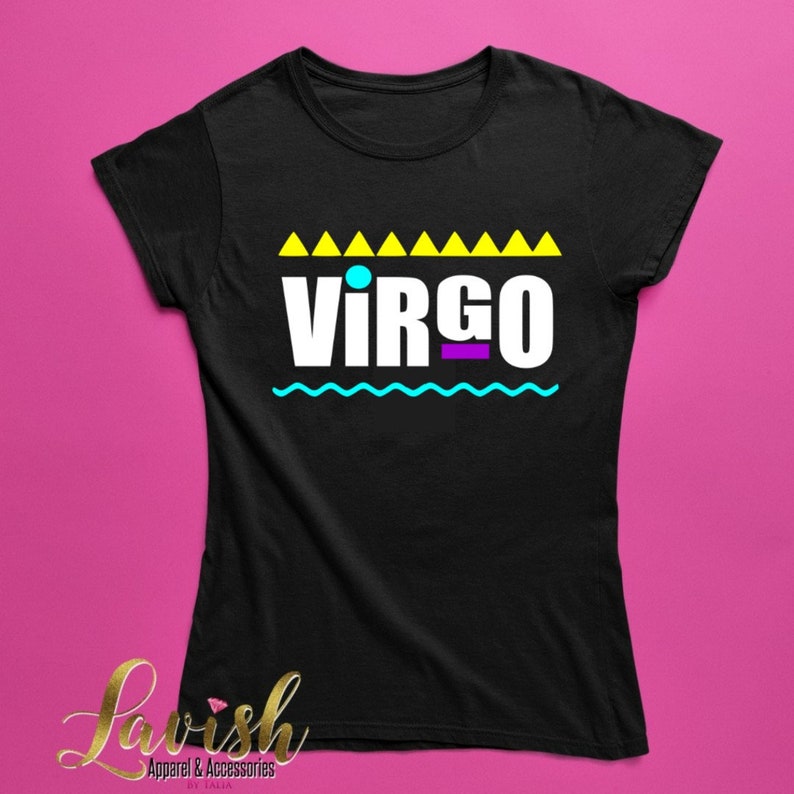 May include: Black t-shirt with a white graphic that says "VIRGO" in a retro 90s style with yellow triangles and blue wavy lines.