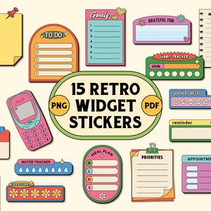 May include: A set of 15 retro-style digital planner stickers in PNG and PDF format. The stickers feature various designs, including a to-do list, a habit tracker, a meal planner, a weather forecast, a reminder, and a water tracker. The stickers are in a variety of colors, including pink, blue, green, yellow, and orange.