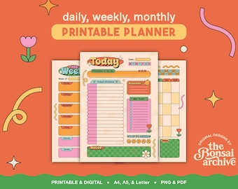 May include: A set of three printable planner pages featuring daily, weekly, and monthly layouts with a retro color palette of orange, pink, and green. The pages include sections for schedules, goals, reminders, and notes, decorated with small flower and star icons.