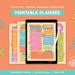 May include: A digital tablet displaying a colourful printable planner with a to-do list, meal plan, and weekly schedule. The screen shows a pink checklist, blue boxes, and a mood tracker. A white stylus rests on the screen against an orange background.